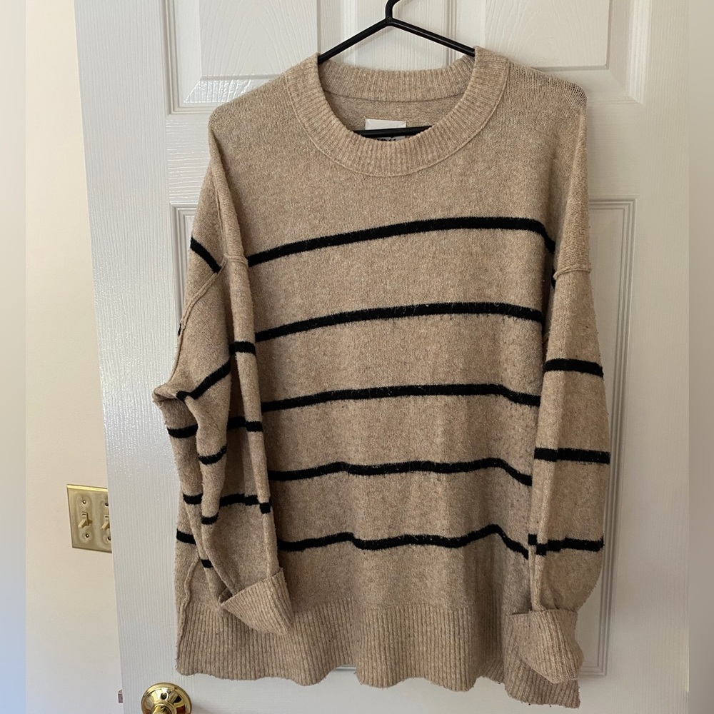 Aerie Oversized unREAL Tan and Black Stripe Knit Sweater Size L
